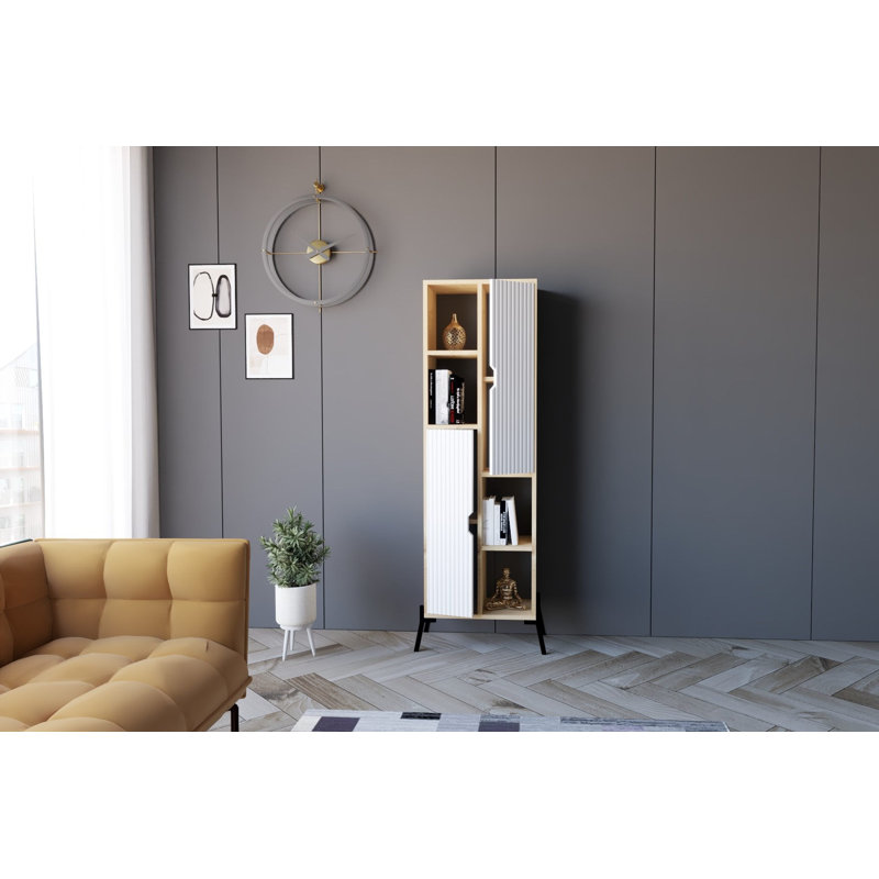 Scandinavian Style Bookshelf, Sapphire Oak & White, 19.0 x 63.0 x 11.8 inches | 100% Melamine Coated Particle Board, 0.7 inches Thick | Iron Legs & Multiple Shelves for Extra Storage | Modern, Stylish Design