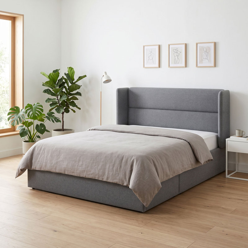 Lit plateforme tapissier avec rangement Gaillarde, Grand, Gris olive clair