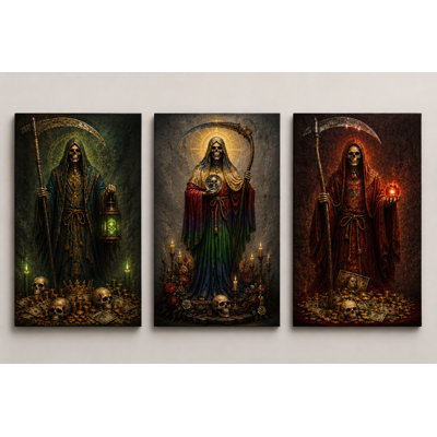 Large Set of 3 Dark Fantasy Santa Muerte Wall Art Gothic Skull Canvas Print Red Black Death Angel Decor for Living Room Bedroom 16x24 Inch Canvas Print - Ready to hang