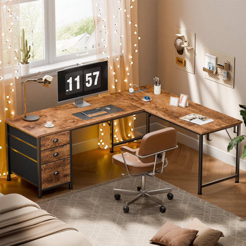 62.8 Inch L-Shaped Computer Desk with Power Outlets & Storage Drawers, Reversible Gaming Desk for Home Office, Rustic Brown