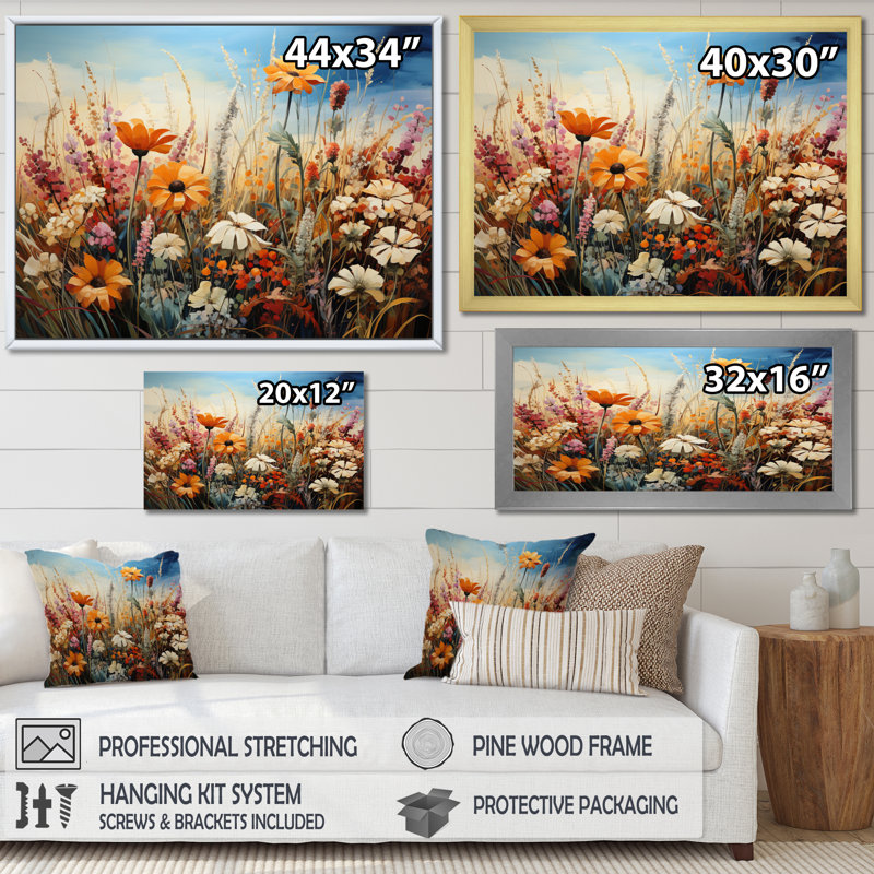 «Wildflowers Natures Bouquet Pointillism Dot II», reproduction d'art sur toile, Cadre flottant blanc