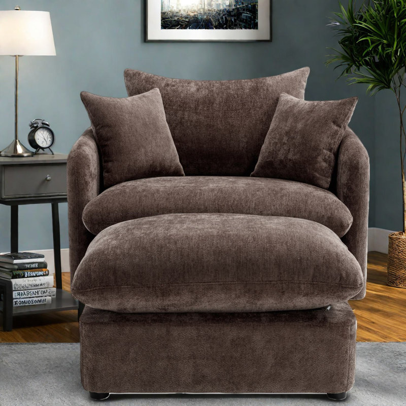 Spacious Chenille Swivel Accent Chair With Ottoman For Modern Living Room