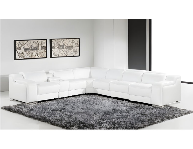 White Italian Leather Power Reclining U Shaped Seven Piece Corner Sectional With Console White Italian Leather Power Reclining U Shaped Seven Piece Corner Sectional With Console