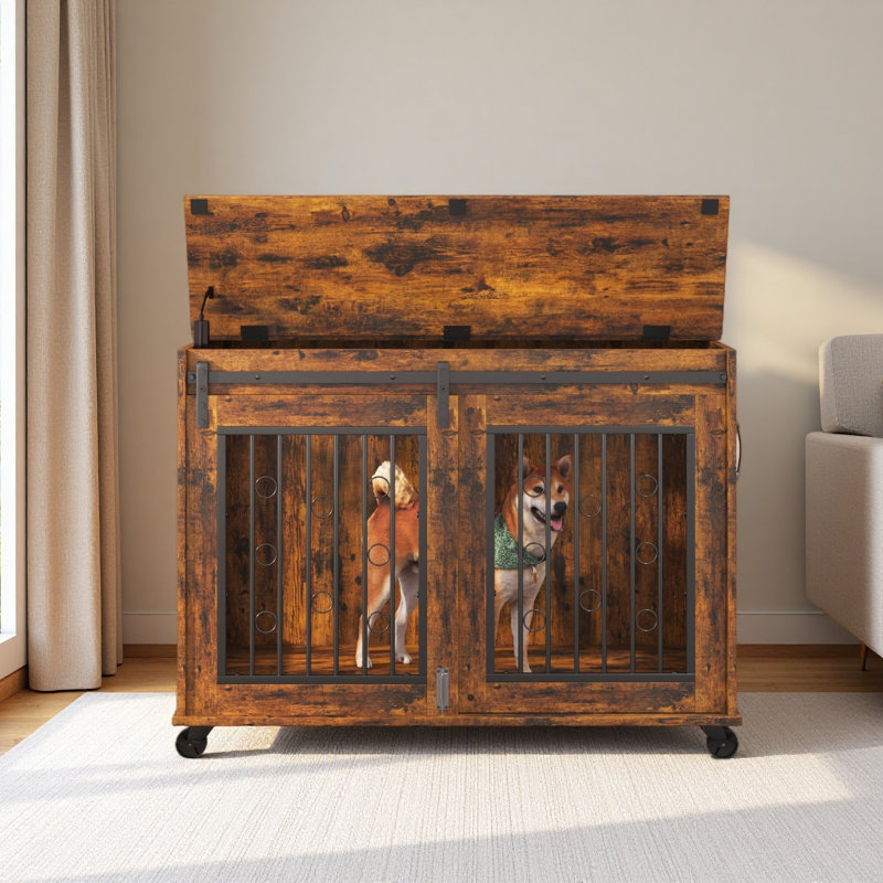 Cage pour chien à porte coulissante avec cloison pour deux chiots, Brun rustique