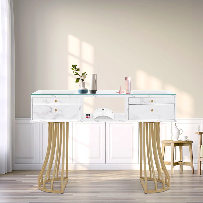 Table de manucure moderne Deshawn avec plateau en verre, structure en métal, bureau de maquillage pour coiffeuse