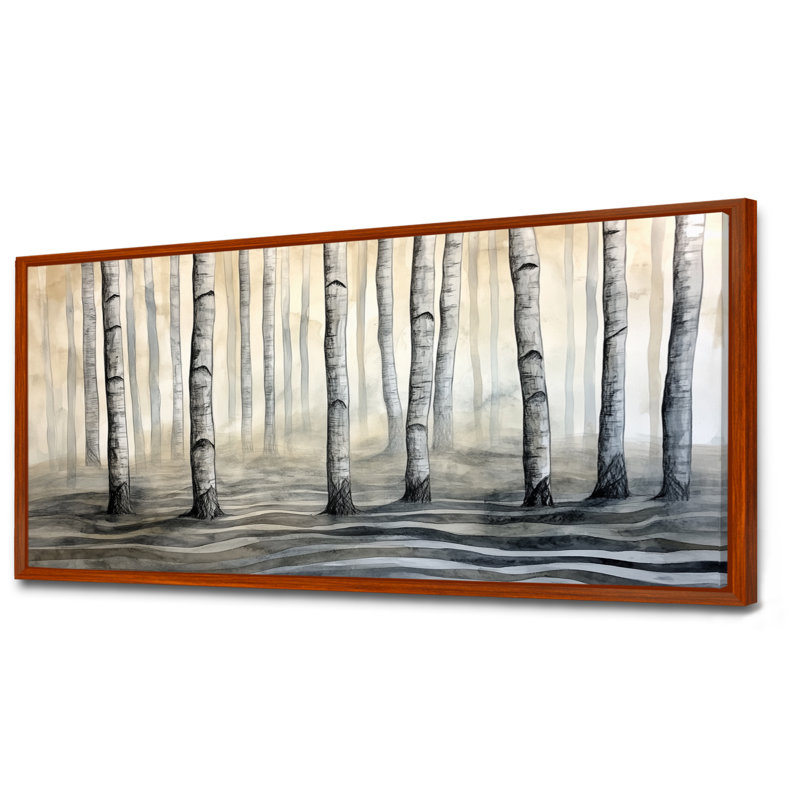 Art mural aube de bouleau, toile de forêt du lever du soleil, forêt de bouleaux, H 28 po x l 60 po, Cadre flottant brun