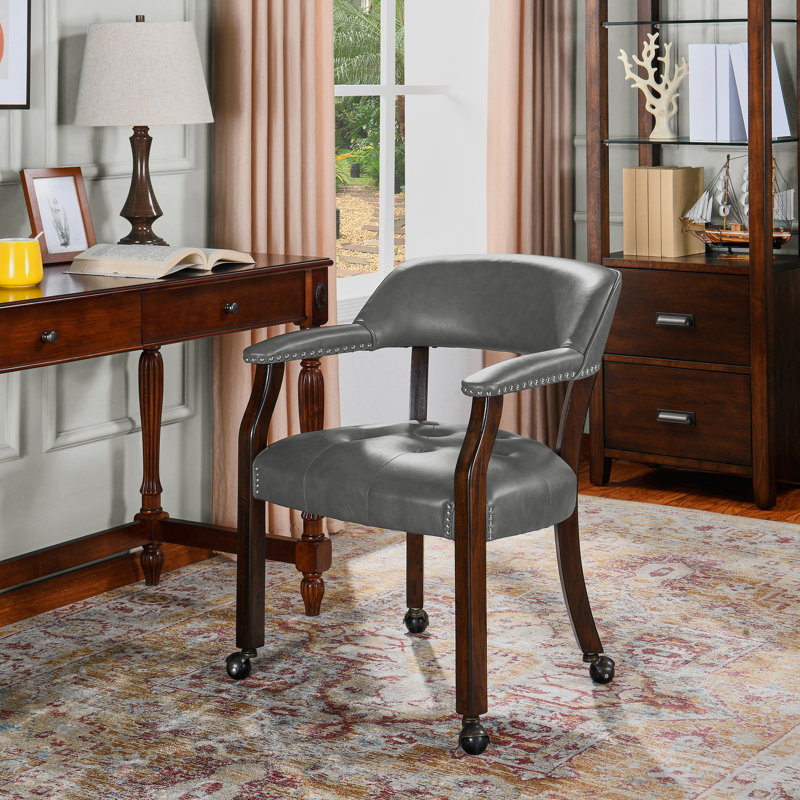 Wexford Collection Mid-Century Modern Upholstered Dining Chair, Faux Leather Wood Accent Chair with Arms and Casters, Single Dining Chair for Dining Room, Vanity or Office