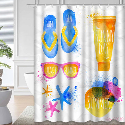 Waterproof Watercolor Lettering Beach Essentials Shower Curtain with 12 Hooks
