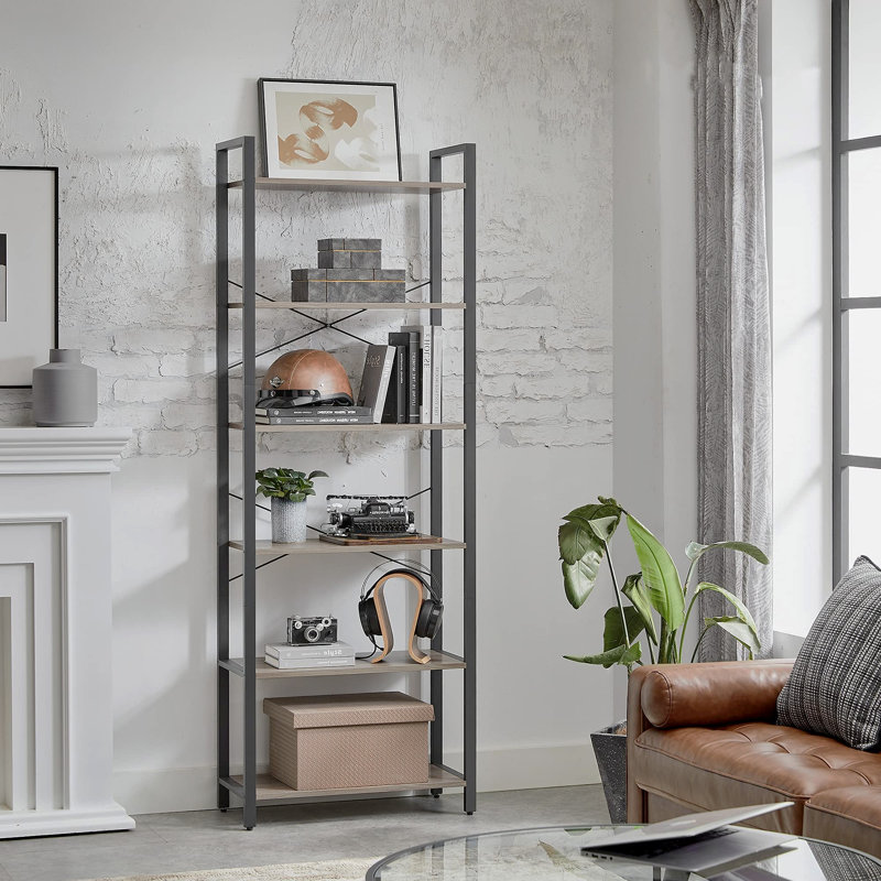 6 Tier Bookcase With Steel Frame, Greige/Black, 186cm H x 66cm W x 30cm D