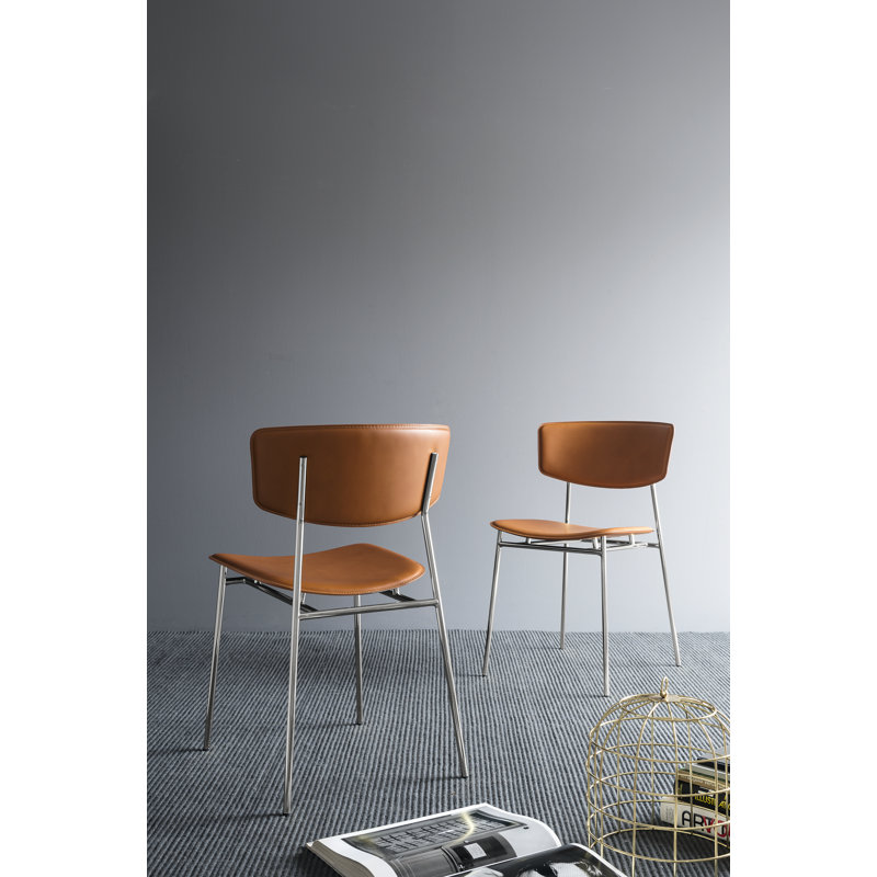Fifties Metal Chair with Upholstered Seat and Back, Matte Black, Melange Cognac