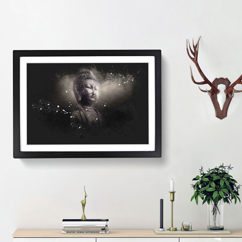 Buddha In A Mist Paint Splash - Picture Frame Graphic Art, 24cm H x 33cm W x 2cm D, Black Framed