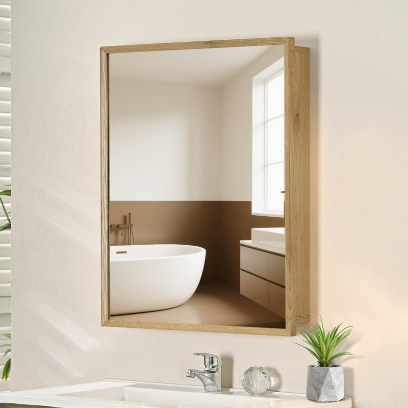 20" Oak Wooden Medicine Cabinet with Beveled Frame Adjustable Shelves, Wall Mounted or Recessed Design for a Warm and Stylish Bathroom Upgrade