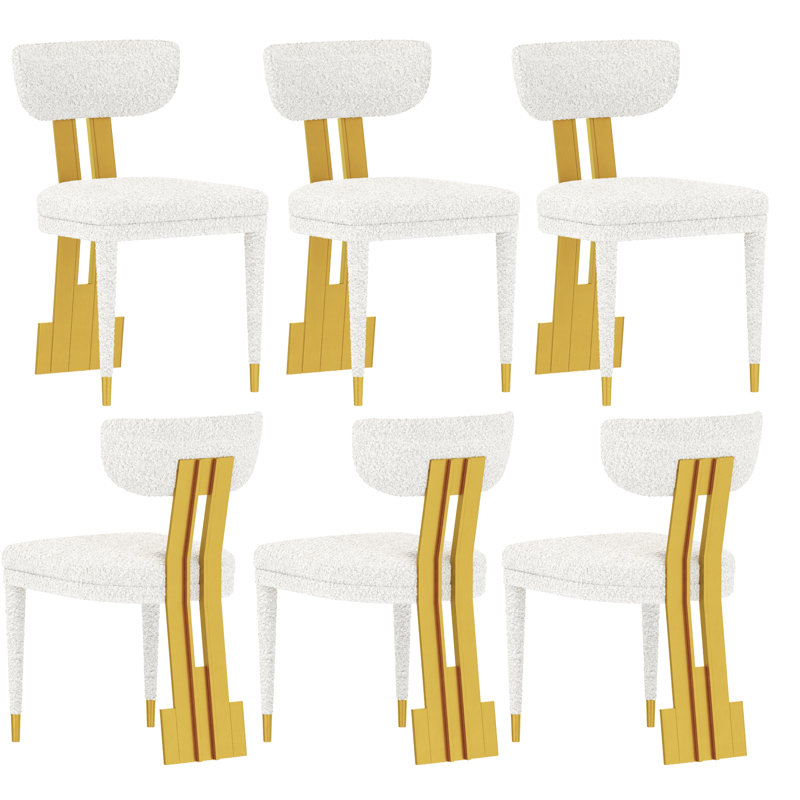 White Boucle Upholstered Dining Chair With Brushed Gold Legs, 6