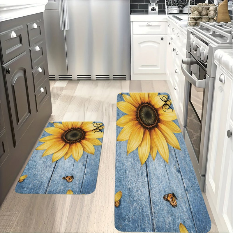 Blue Sunflower Kitchen Mats, 2 Pack Rustic Rugs For Kitchen & Entryway