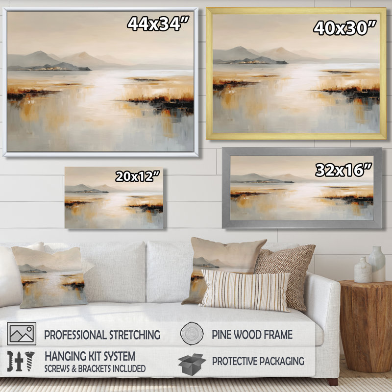 «Brown Grey Sunset Over Flathead Lake», art sur toile, paysage brun, Cadre flottant, Crème, H 28 po x l 60 po
