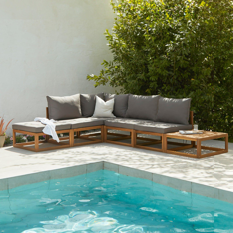 Rimasha 5 Seater Wooden Garden Chaise Corner Sofa Set with Coffee Table, Grey