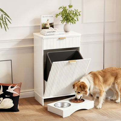 Tilt Out Trash Can Cabinet, 35" Modern Wooden Dog Feeding Station with 3 Hooks and 2 Bowls, 10 Gallon Hidden Trash Can Cabinet with Drawer, for Kitchen, Living Room