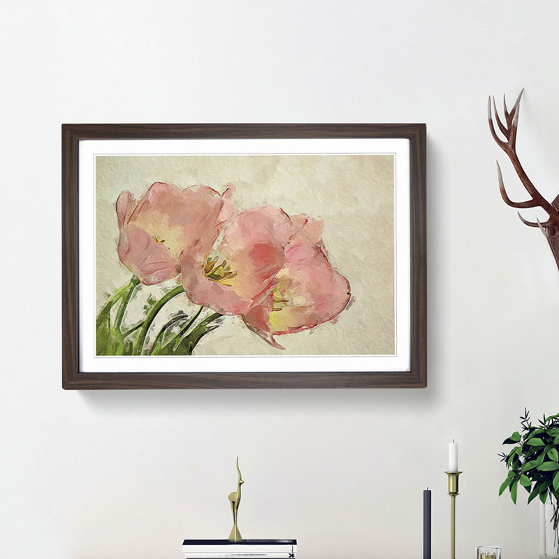 Pink Tulip Art in Abstract - Picture Frame Painting Print, 27cm H x 36cm W x 2cm D, Walnut Framed