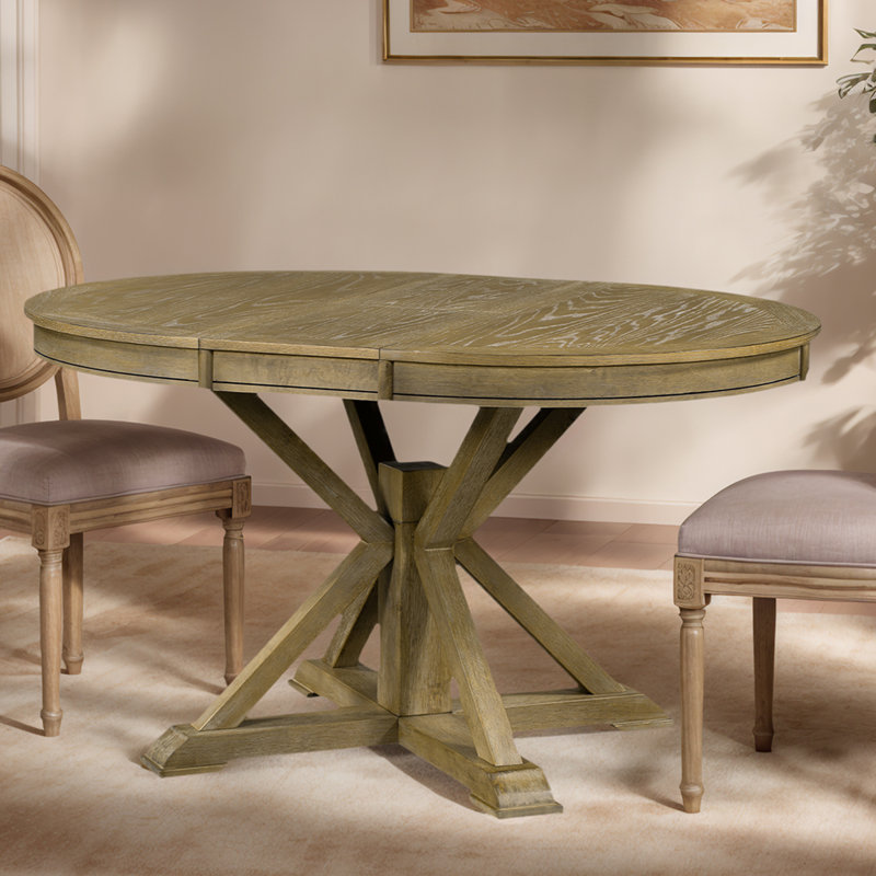 Table de salle à manger rétro extensible avec rallonge papillon - base en bois massif, convertible ovale / ronde pour 6 personnes