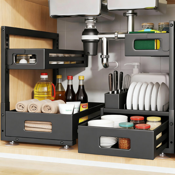 Pull-Out Under Sink Organizer, 17IN Depth, 8-Level Height Adjustable Metal Drawer, Black, 2-Pack