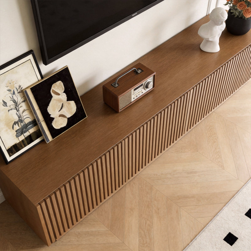TV Media Unit with Cable Management, 220cm Wide in Walnut Finish, Multi-Shelf Storage Design