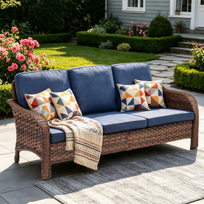 70.9'' Outdoor Wicker Patio Sofa with Deep Seat Cushions, 3-Person All-Weather Rattan Couch