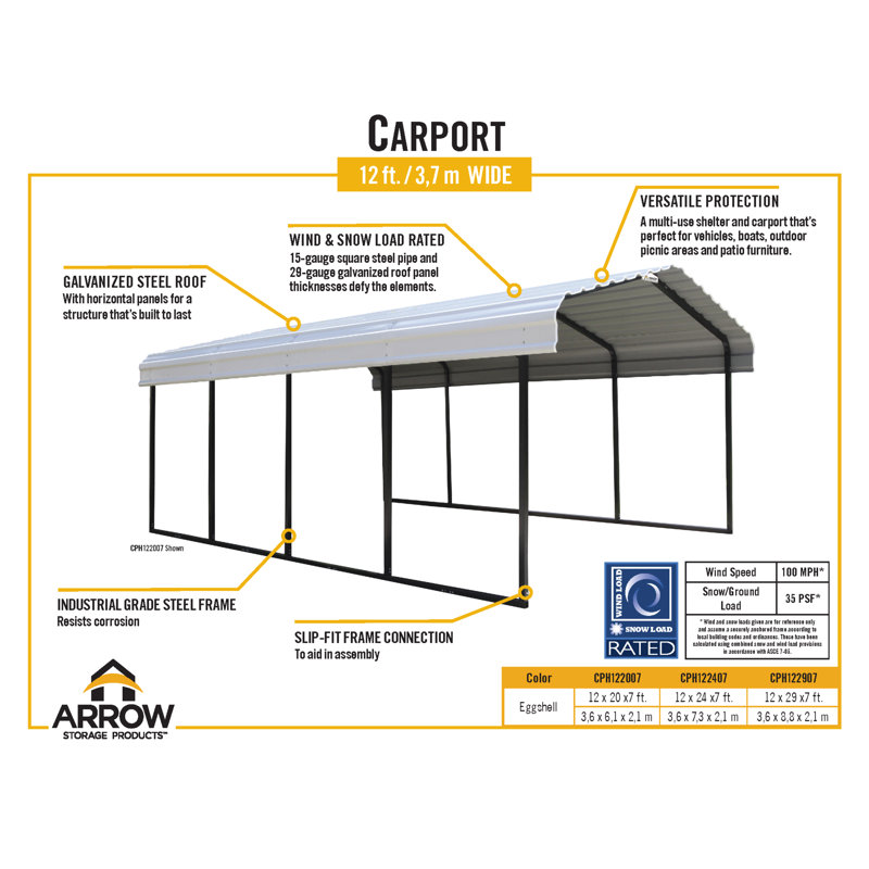 Galvanized Steel Carport, 12X20X7, Eggshell