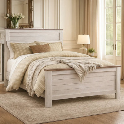 Isla King Panel Bed, Faux Planks Block Pattern, Whitewash & Brown Wood