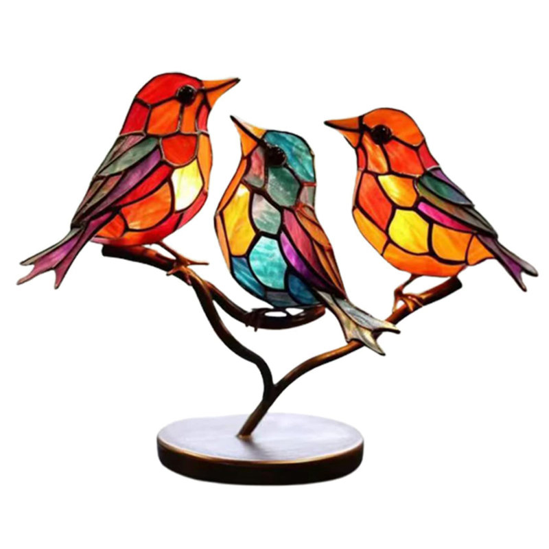Trois oiseaux sur des branches colorées, décorations de table plates en métal à double face