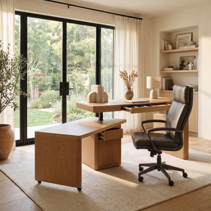 Bureau assis-debout électrique Bachman 63"L avec plateau pivotant à 360°, tablette de rangement, armoire et plateau en bois massif