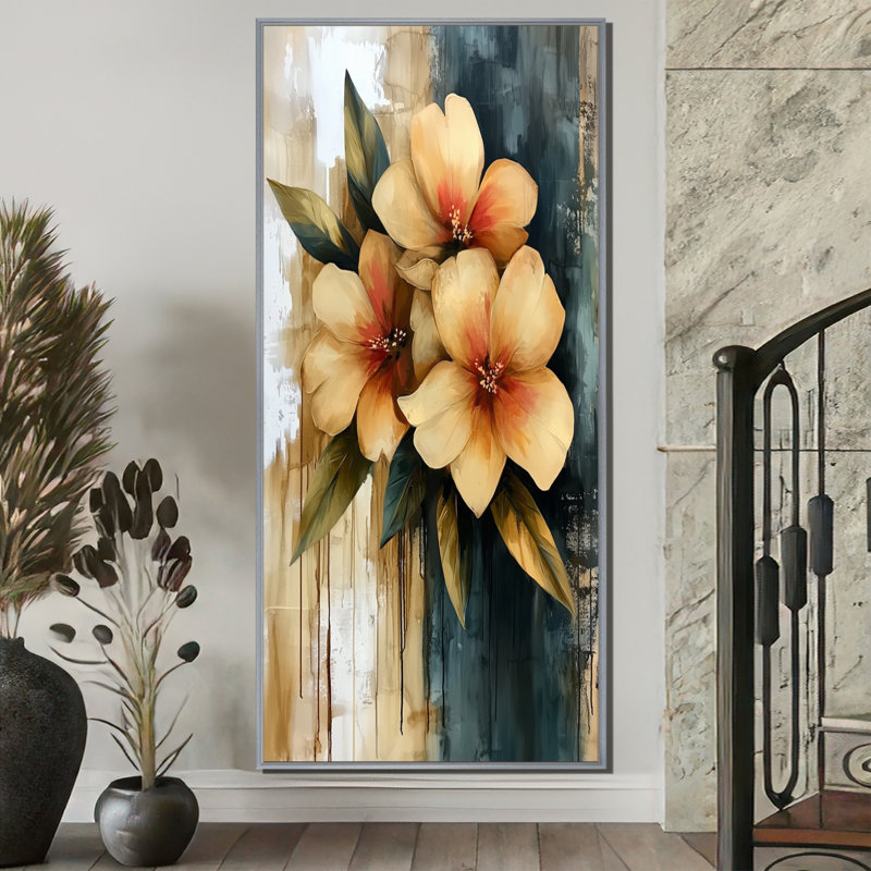 «Vibrant Countryside Flowers Bouquet», art mural fleurs, H 60 po x l 28 po, Reproduction avec cadre flottant, Argent argent