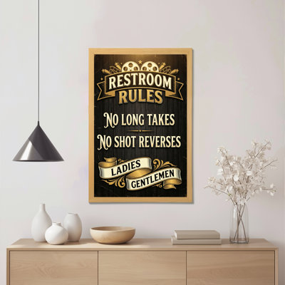 Restroom Rules No Long Takes No Shot Reverses Canvas Wrapped Wall Art Oil Painting Print With Wooden Frame For Bathroom Decor