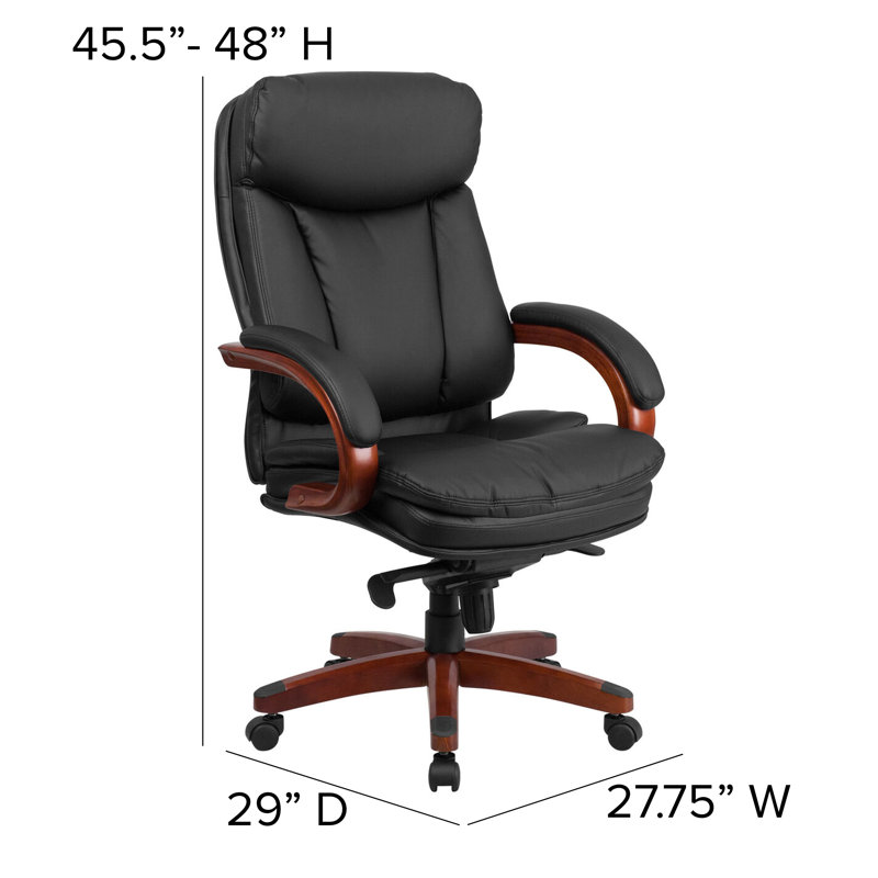 High Back Black Leather Executive Swivel Office Chair with Mahogany Wood Base