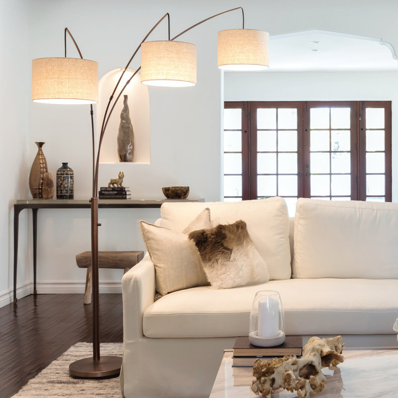 Bronze Trilage 84" Adjustable 3-Light LED Floor Lamp with Beige Shades