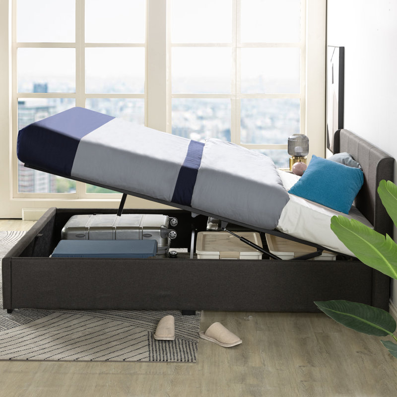 Estella Upholstered Bed Frame with Headboard, Ottoman Under-bed Storage, Double (4'6), Dark Grey