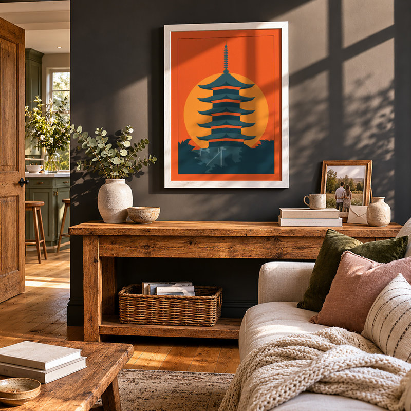 Pagoda at Sunrise Japandi - Framed Print, A1 - 84.1 x 59.4 cm, White