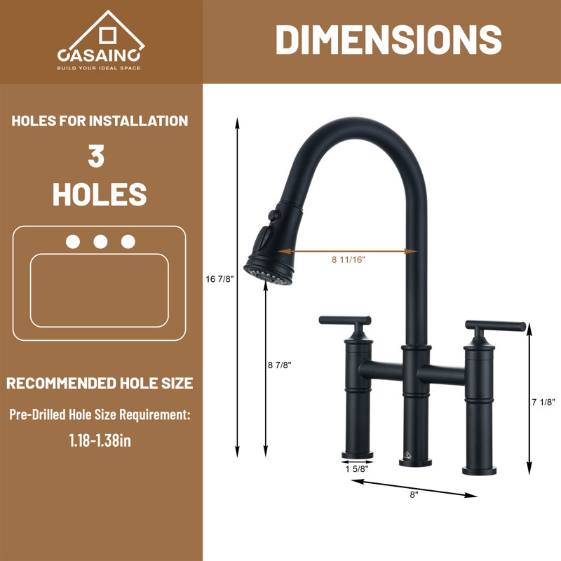 Matte Black Stainless Steel Bridge Kitchen Faucet with Pull-out Spray