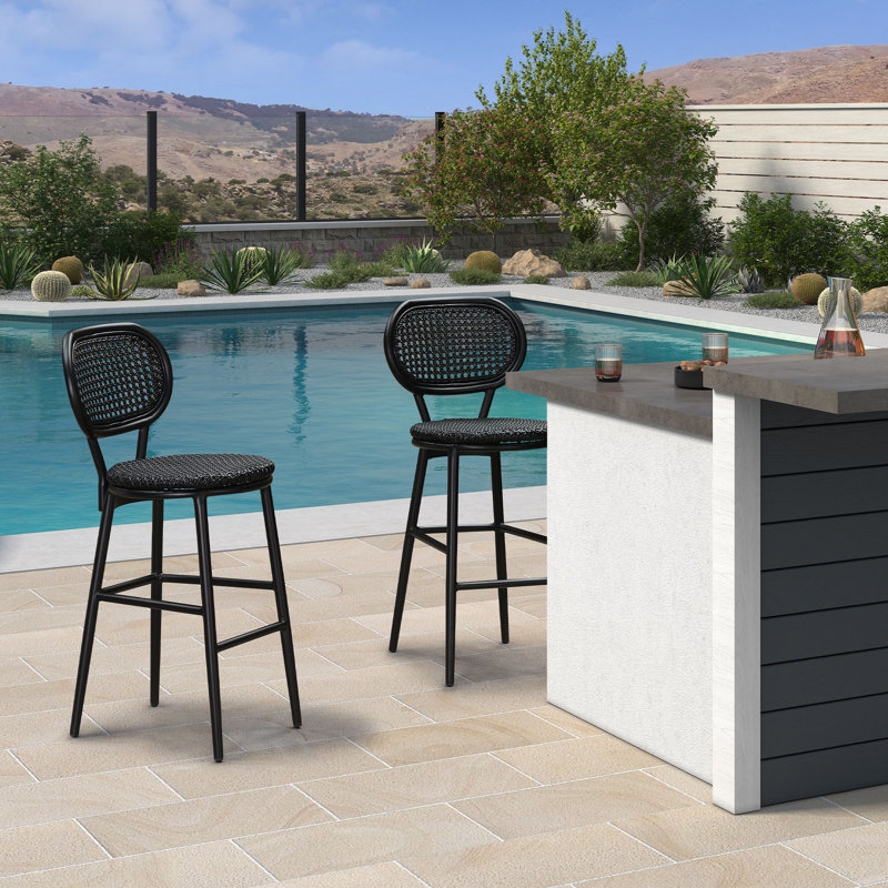 Alexaundra Upholstered Rattan Outdoor Stool, 29.92" H, Black