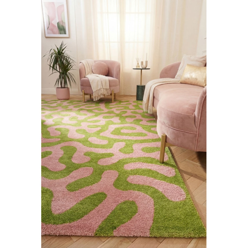 Joli Abstract Doodle Area Rug Soft Dense Pile for Living Rooms and Bedrooms, Green/Pink, Rectangle 200 x 290 cm