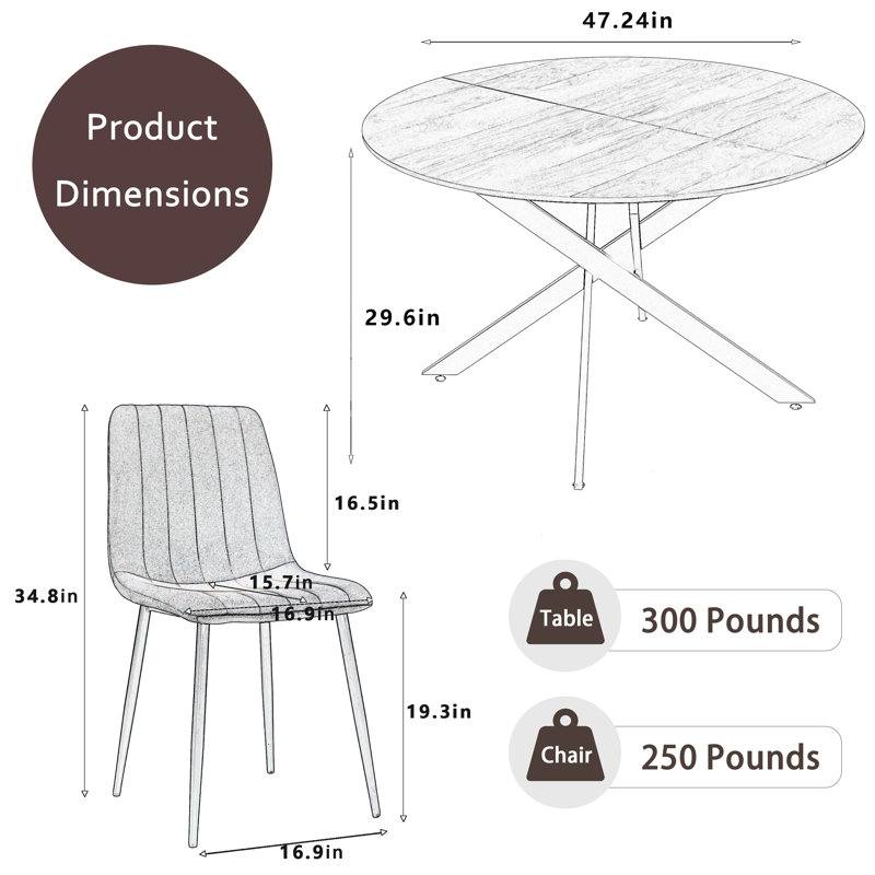 47in Round Dining Table Set, Brown, Beige, 5