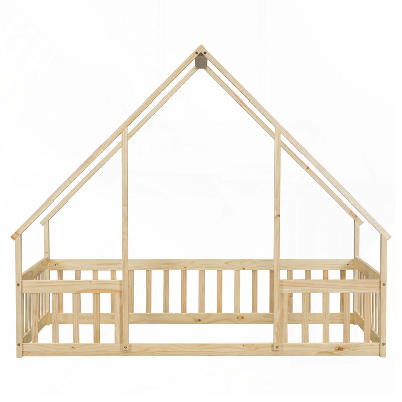 House-Shaped Floor Bed With Fence, Guardrails, Natural, Twin