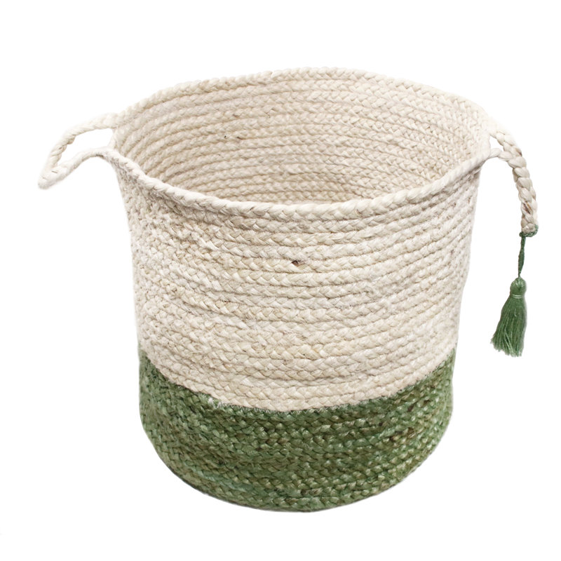 Handwoven Round Jute Storage Basket with Green Accents