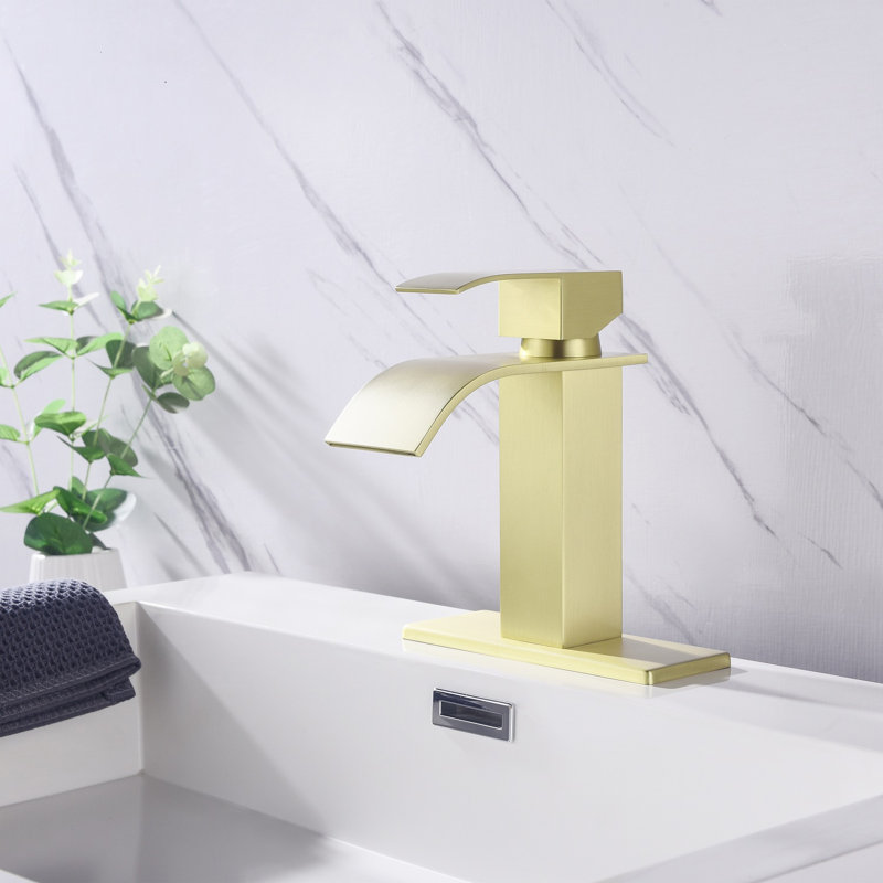 Robinet de lavabo de salle de bain à poignée simple cascade | Idée de cadeau, Or brossé