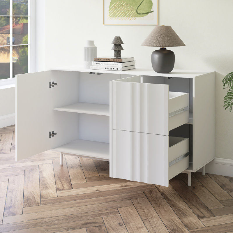 Armoire de rangement à motif de vagues avec 2 portes et 2 tiroirs, Blanc