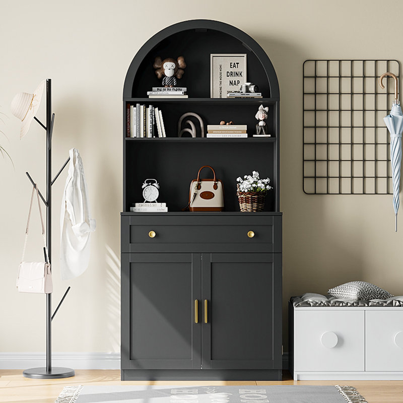 70 po de hauteur avec garde-manger arqué, armoires de rangement modernes avec tablettes ouvertes, Noir