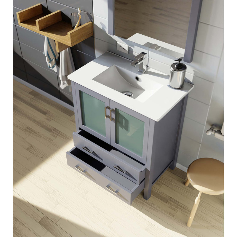 Dessus de meuble-lavabo en céramique, ensemble de robinet et miroir, Gris