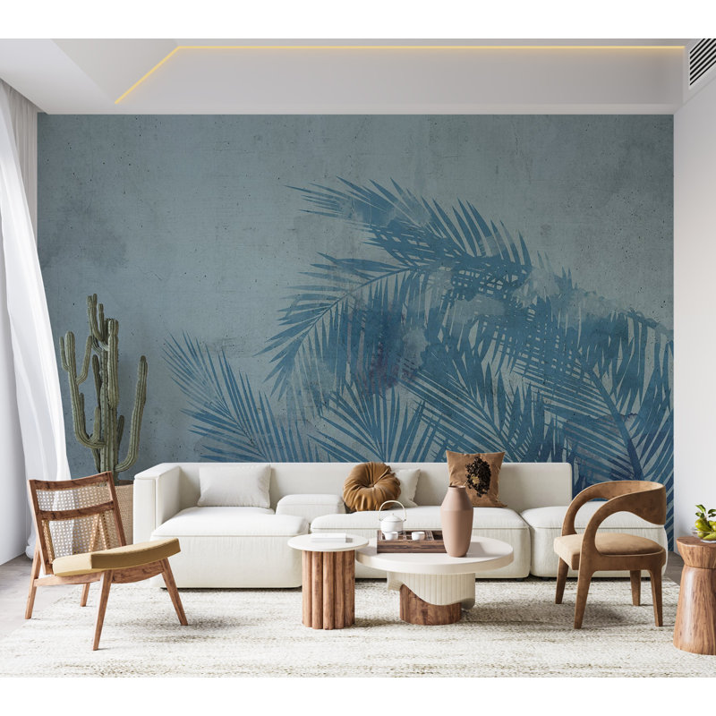 Murale botanique pelez et collez - feuilles de palmier en bleu, L 82 po x l 115 po