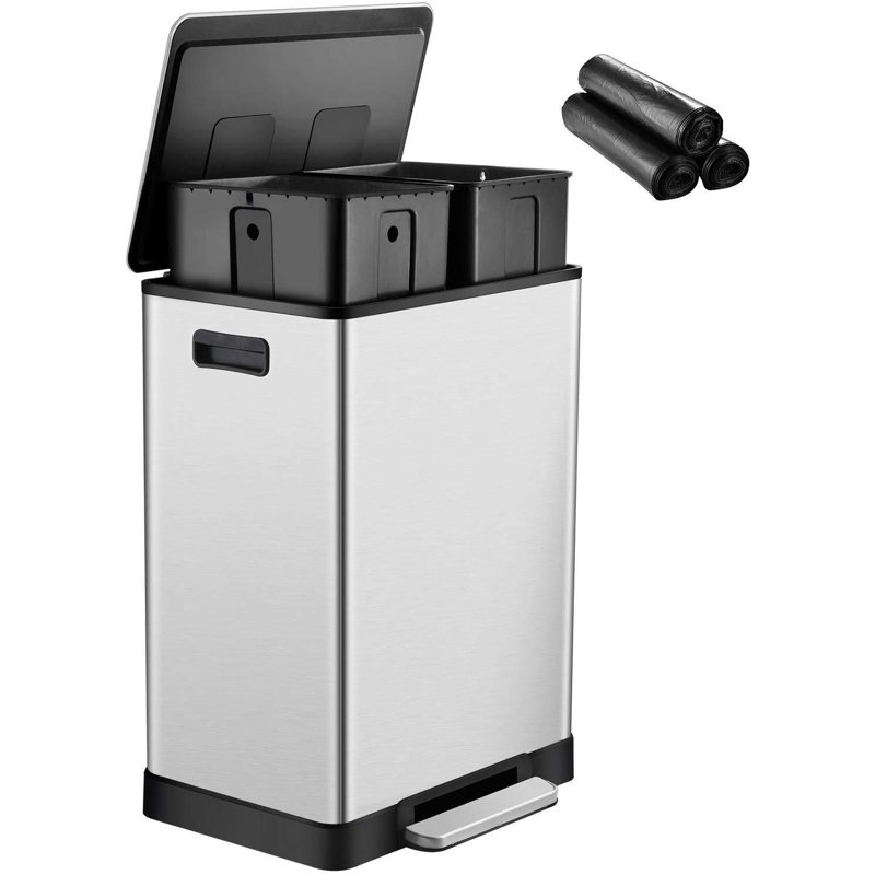 Steel Step On Multi-Compartment Trash/Recycling Bins - 16 Gallons, Silver
