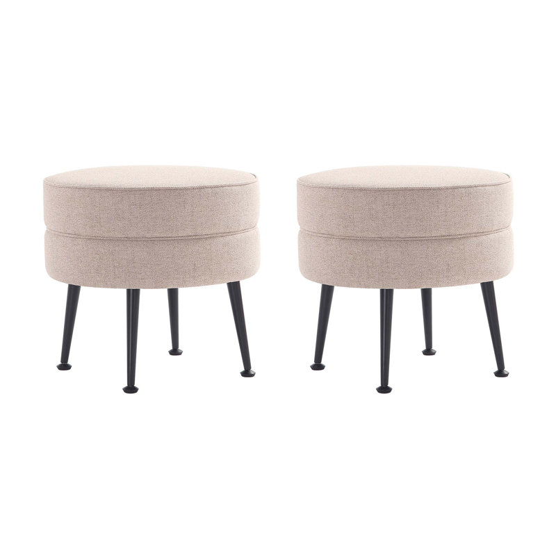 Luker Woven Polyester Blend Upholstered Ottoman in Oatmeal with Gold Feet (Set of 2), Beige, Black