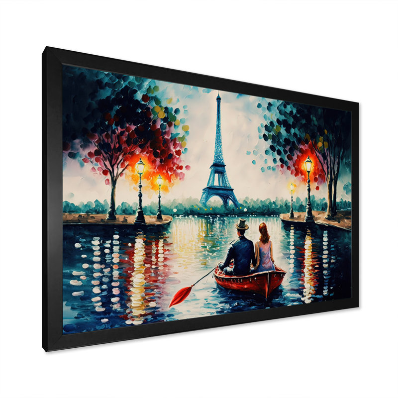 Soirée romantique sur un petit bateau IV - Peinture sur toile, H 12 po x l 20 po x P 1 po, Cadre photo noir